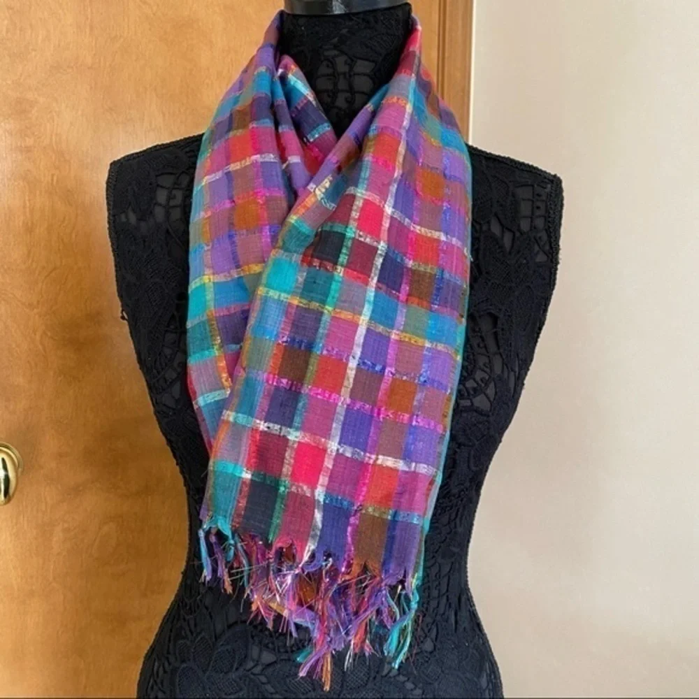 Nordstrom Magenta Pink Red Green Metallic Cotton Plaid Square Scarf Wrap